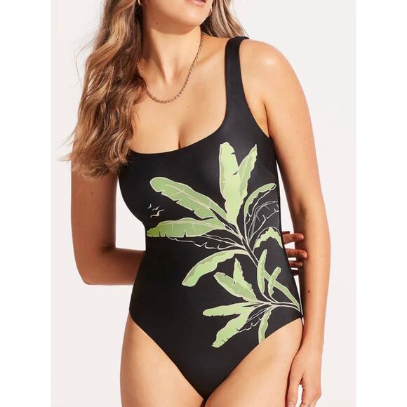 Seafolly Black Palm Paradise One Piece Swim Suit 6 DD NWT - Picture 1 of 4